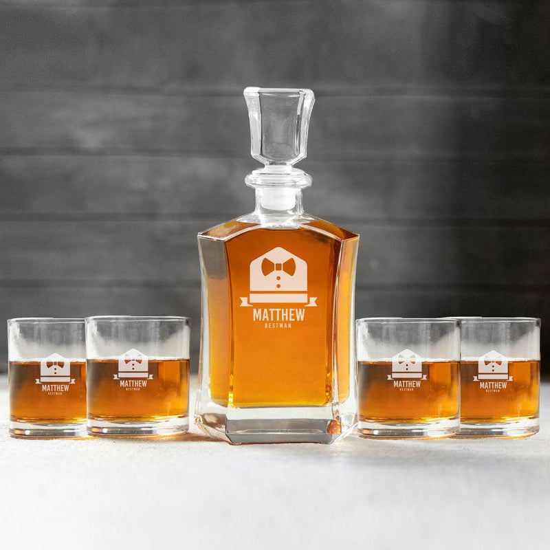 Personalized Best Man Whiskey Decanter Set with 4 Lowball Glasses - Matthew - JDS