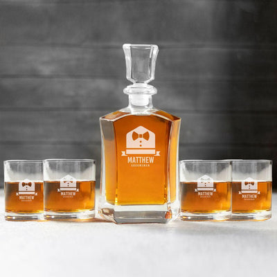 Personalized Groomsman Whiskey Decanter Set with 4 Lowball Glasses - Matthew - JDS