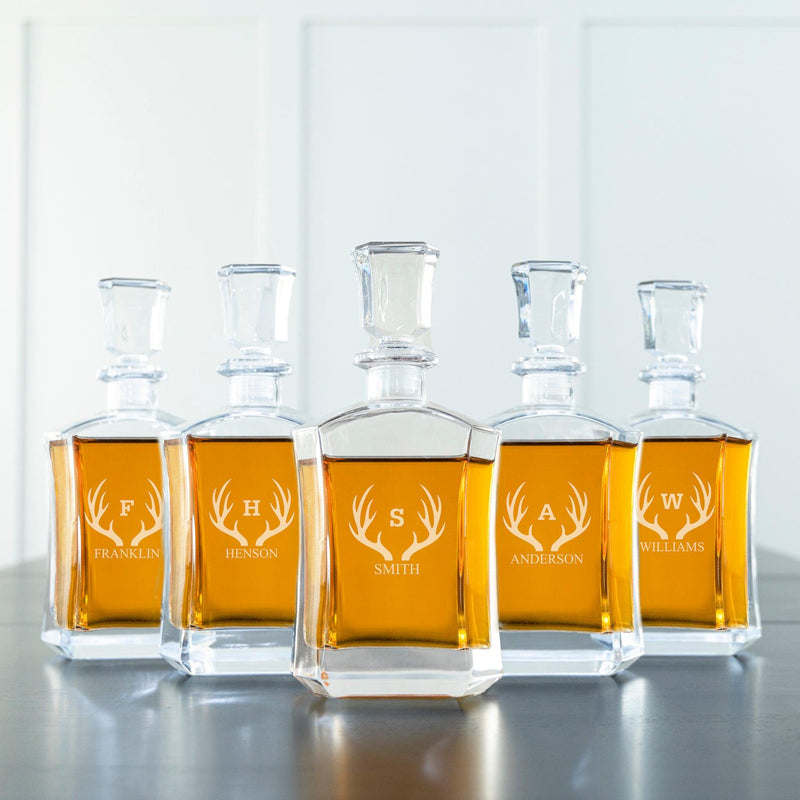 Groomsmen Gift Set of 5 Personalized Whiskey Decanters - Antlers - JDS
