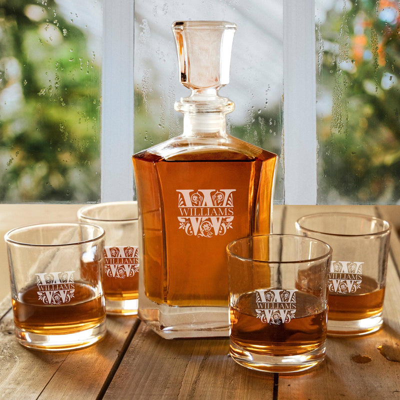 Personalized Decanter set with 4 Lowball Whiskey Glasses -  - JDS
