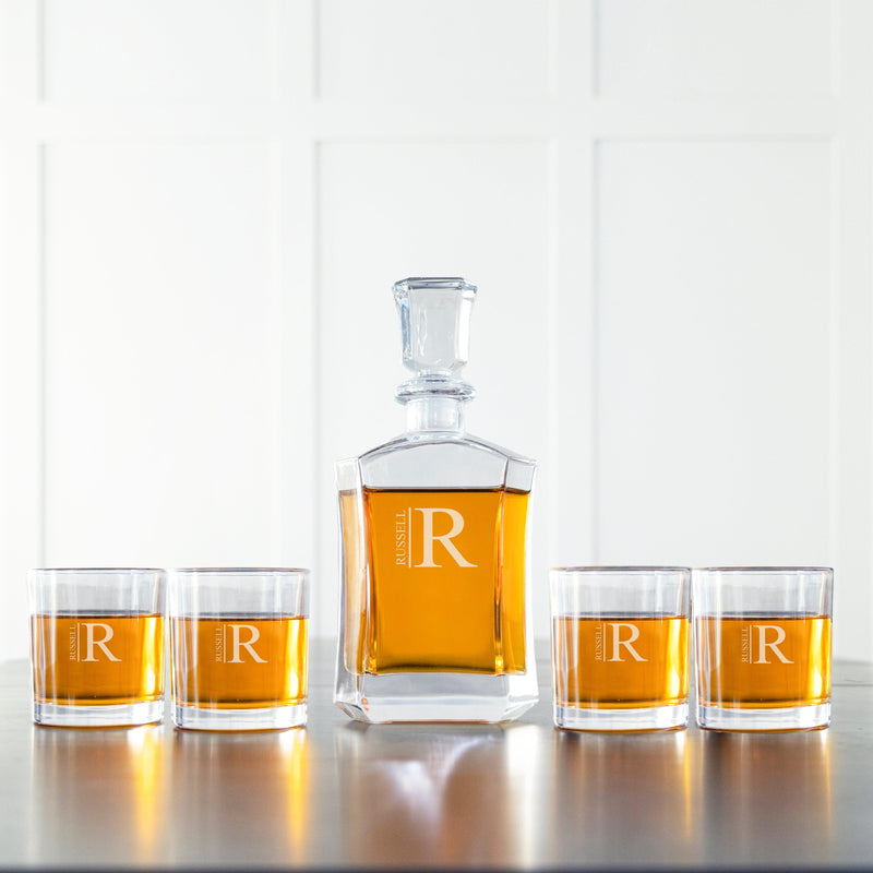 Personalized Decanter set with 4 Lowball Whiskey Glasses - Modern - JDS
