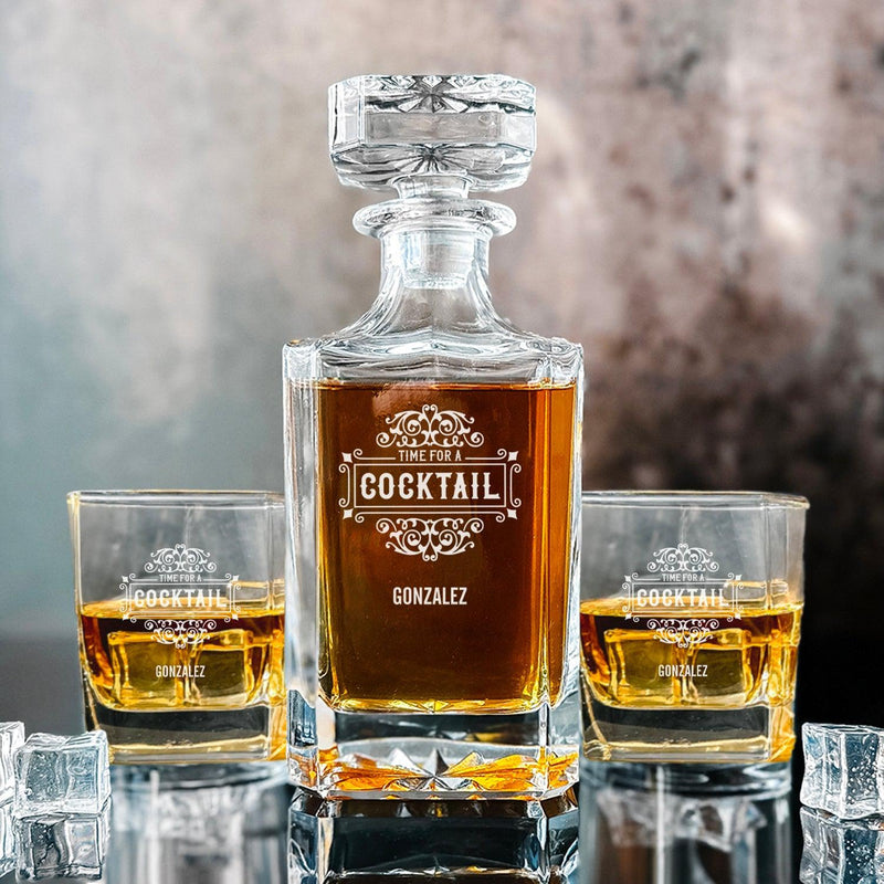 Personalized Funny Sayings Square Decanter Set - Time for a Cocktail - JDS