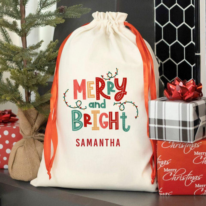 Personalized Merry and Bright Red Ribbon Santa Sacks -  - Qualtry