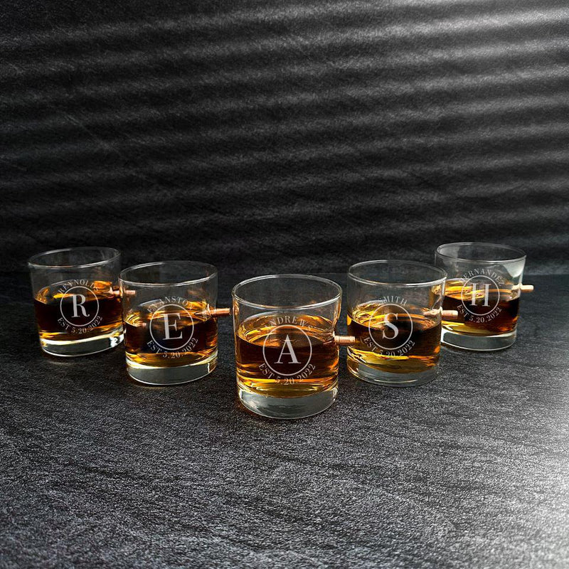 Personalized Set of 5 Bullet Whiskey Glasses - Circle - JDS