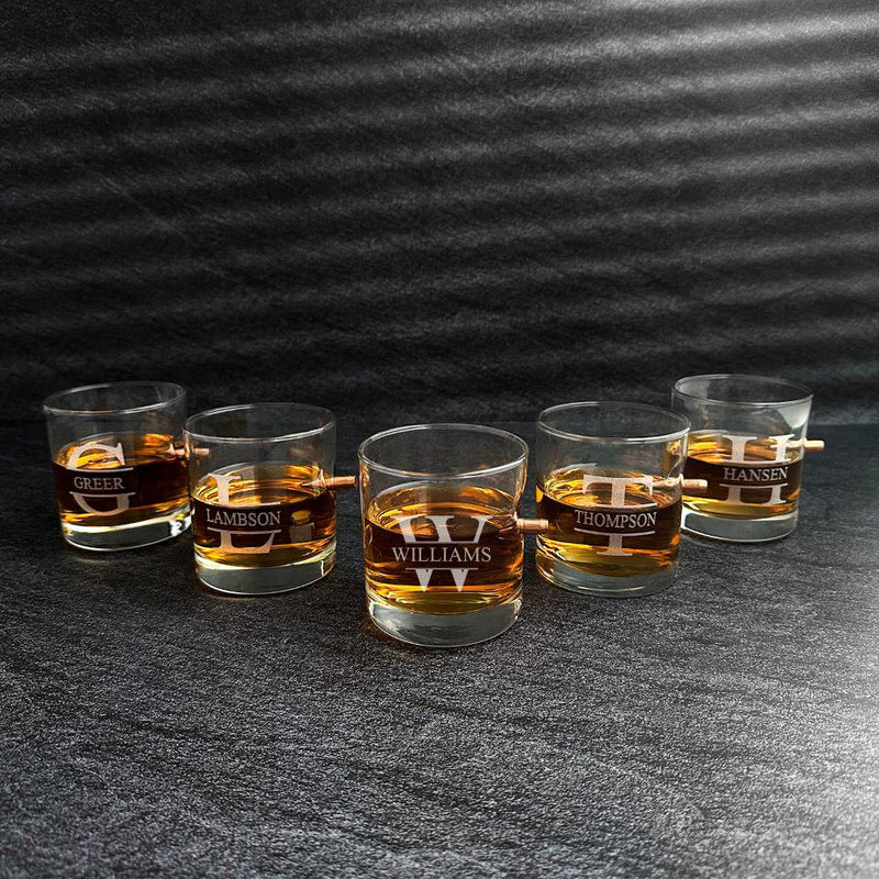 Personalized Set of 5 Bullet Whiskey Glasses - Stamped - JDS