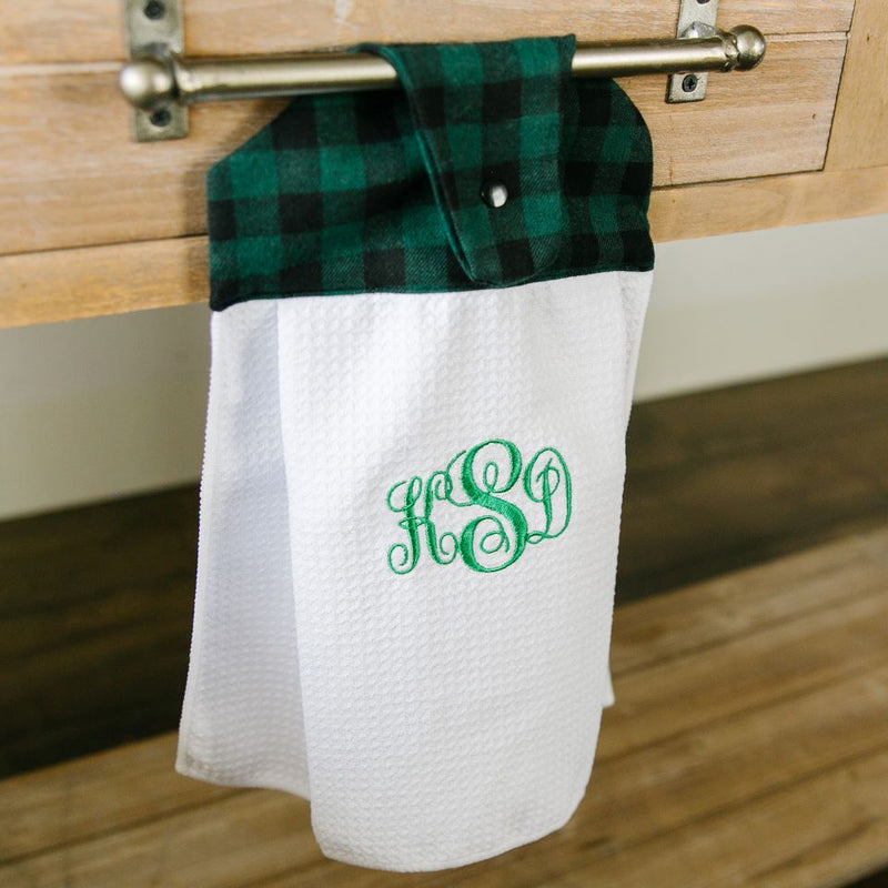 Personalized Button Hook Kitchen Towels - Checkered Green - Qualtry
