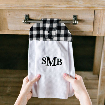 Personalized Button Hook Kitchen Towels - Checkered Black - Qualtry