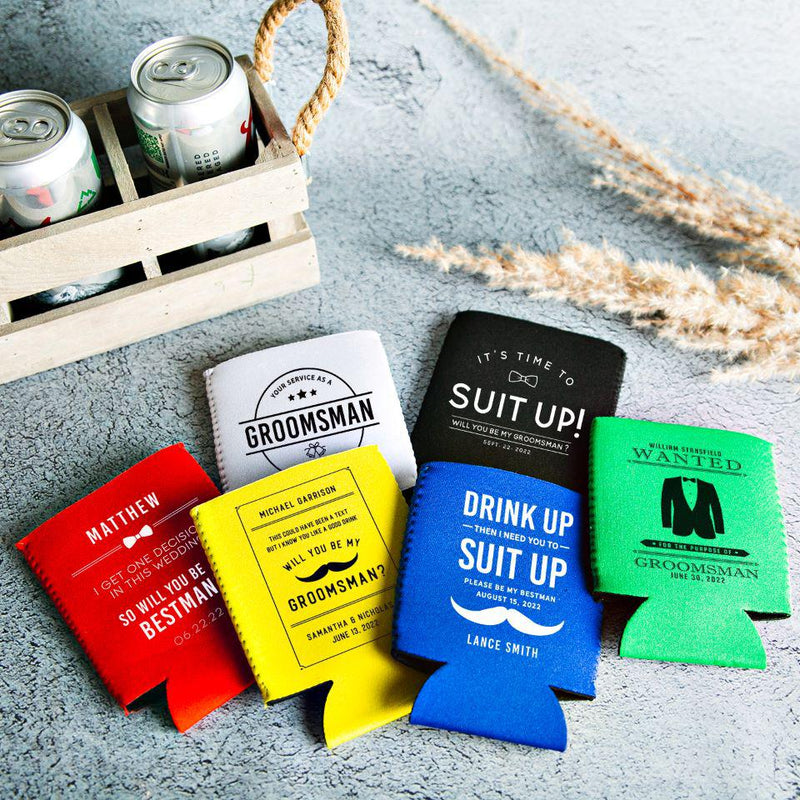  Personalized Beer Koozie for Bottles and Cans (Bestman Designs)  - Coozie Gift, Choose from 8 Colors - Wedding Koozies Can Cooler Favors:  Home & Kitchen