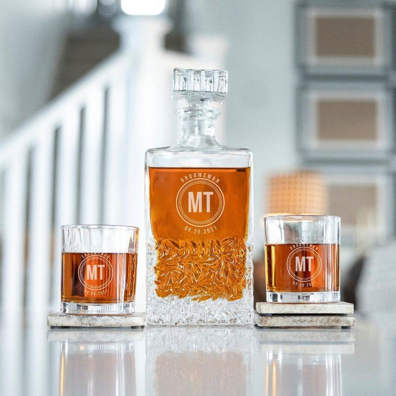 Personalized Groomsman Kinsale Decanter Set with 2 Lowball Glasses - MT - JDS