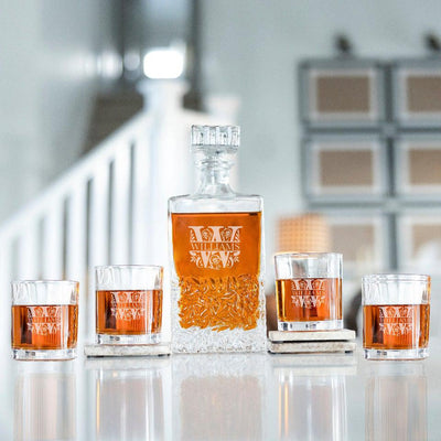 Personalized Kinsale Whiskey Decanter Set with 4 Lowball Glasses - Filigree - JDS