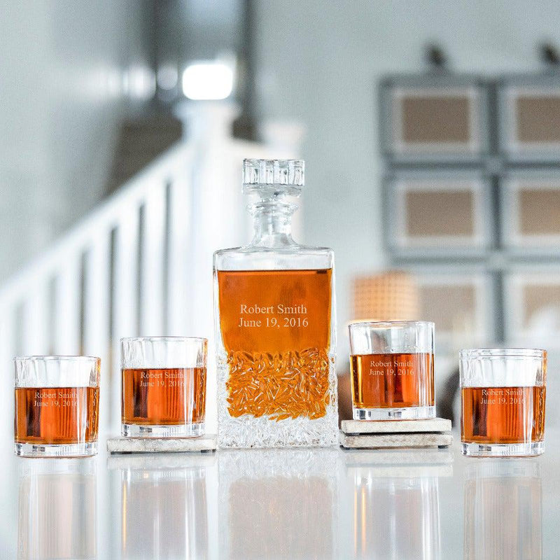 Personalized Kinsale Whiskey Decanter Set with 4 Lowball Glasses - 2Lines - JDS