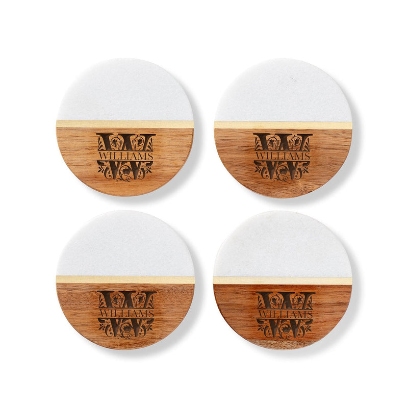 Personalized Marble and Acacia Coasters Set of 4 -
