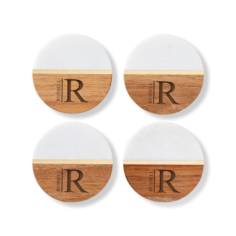 Personalized Marble and Acacia Coasters Set of 4 -