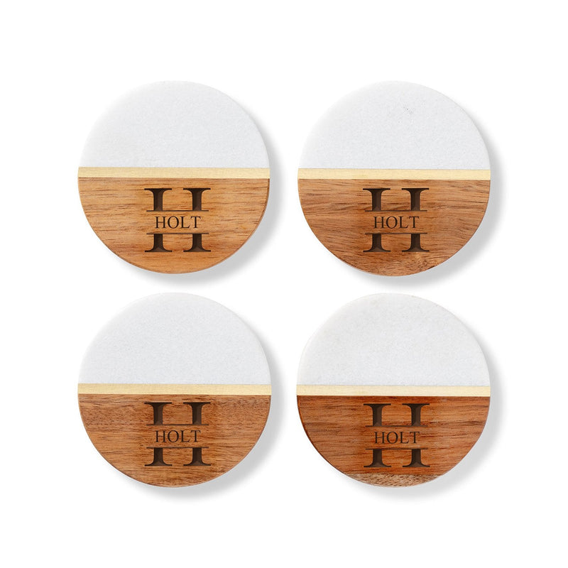 Personalized Marble and Acacia Coasters Set of 4 -