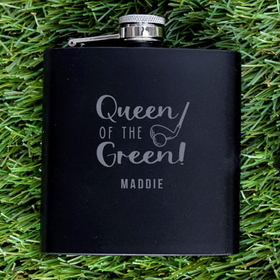Personalized Black Golf Flasks - Set of 5 - Queen of the Green - JDS