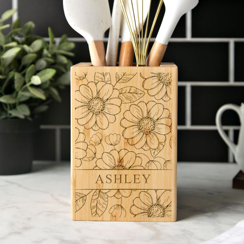 Personalized Bamboo Kitchen Utensil Holder - Floral Designs -  - Qualtry
