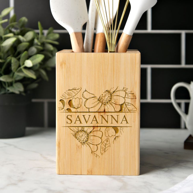 Personalized Bamboo Kitchen Utensil Holder - Floral Designs -  - Qualtry