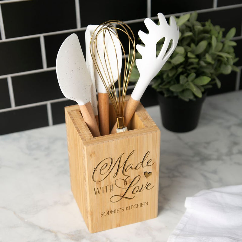Personalized Bamboo Kitchen Utensil Holder - Floral Designs -  - Qualtry