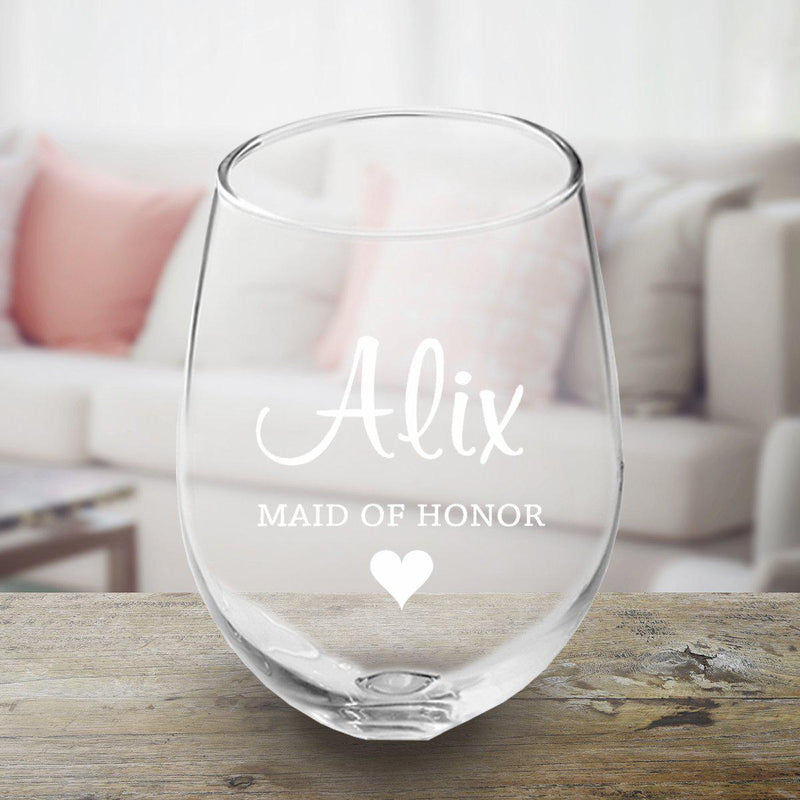 Personalized Bridesmaid Stemless Wine Glass - Maid of Honor - JDS